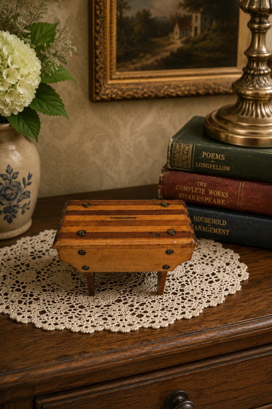 Vintage Wooden Victorian Miniature Stool Money Box antique 2 Tone Wood